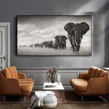 Голям Размер Черен бял Африка Слоновете Животни Платно Картина Скандинавия Плакати, Щампи Стенни Художествени Картини За Хол