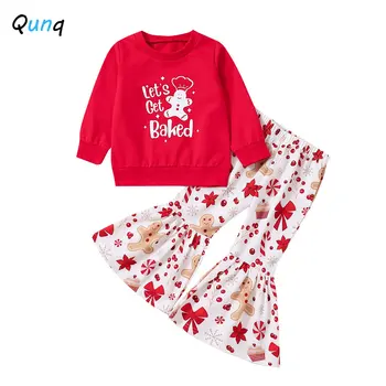 Qunq/2022, Есен Нова Коледна дрехи, Отгоре с дълги ръкави и принтом за момичета + Разкроена панталони, Комплект от 2 теми, Ежедневни бебешки дрехи за възраст от 3 до 8 години