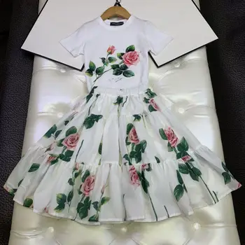 2021 Модни памучни бебешки комплекти дрехи за момичета, 2 бр., реколта лятна рокля с цветен модел, комплекти