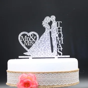 Персонализирани Topper за Сватбената Торта Акрилни сребърно-златен блясък, Обичай сватба в цилиндър за торта Булката и Младоженеца фамилия