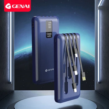 Genai Power Bank 10000 ма Бързо Зареждане с Вградени Кабели Преносима Станция за Захранване за iPhone Xiaomi Акумулаторна