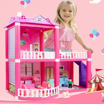 Децата DIY Куклена Къща Играчки Розово Съберат Принцеса Вила Ръчно изработени Изграждане на Каса Миниатюрни Мебели Куклена Къща За Деца Подарък