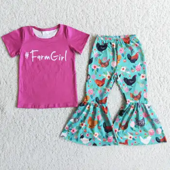 Селска дрешки за момичета, Разкроена Панталони с пиле, Розова тениска с надпис, Пролетно Детски Дрехи на Едро