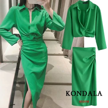 KONDALA Женски Za Зелени Луксозни Комплекти от 2021 г., 2 броя, стилни Съкратен блузи с V-образно деколте и Плисирани Поли-калъфи миди с висока талия, Костюми