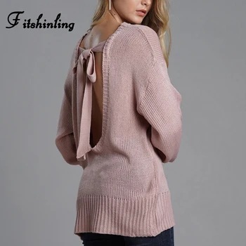 Fitshinling Пуловер с отворен гръб и лък за жени, модерен тънък секси розова жилетка, пуловер, дамски дрехи, трикотаж, зимни пуловери