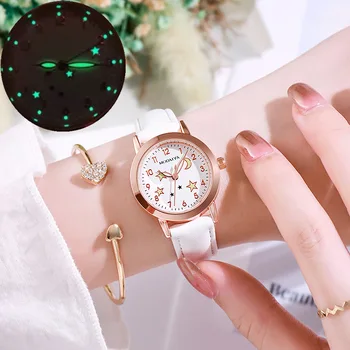 Ново записване, 2 броя, Модерен сребрист часовник с изображение на Луната и Звездите, сладки Кожени часовници и гривни, набор от Кожени Ремъци relojes mujer armbanden 여성시계