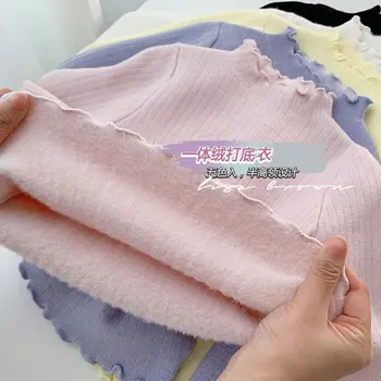 Плюшен долната смърч за момичета, Нова детска Удебелена Однотонная тениска, есенно-зимна детска топ с дълги ръкави и гъбични ръба