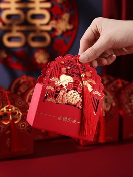Традиционните Четката Червен Китайски Стил Кутии с шоколадови Бонбони Сватбени Подаръци За Гостите 100шт Китайска Сватба Двойно Щастие Полза Кутии