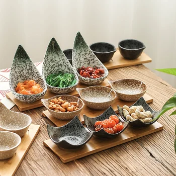 Творчески японски стил керамично блюдо Дървен поднос сушени плодове, закуски, бонбони ястие Разделено ястие сос съд за сос