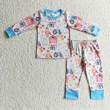 BLP0138 пижамный комплект с дълги ръкави за момчета с кръгло деколте и шарките на детски къщички и животни