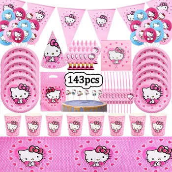 Hello Kitty Детски Рожден Ден Еднократни Прибори За Хранене Чаша Чиния Покривка Банер Сватбен Балон Момиче Детски Аксесоари За Душ