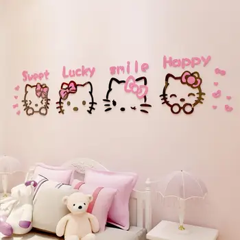 Kawaii Sanrio Hellokitty Карикатура 3d Стикери За Стена DIY Детска Стая Принцеса Спалня Легло Декоративни Стикери За Стена