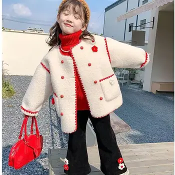 Детски палта от изкуствена кожа за момичета, Зимно Плътно Топло палто със средна дължина 2022 година за Деца, Топло овче палто, Вълнена Горна дреха за Деца