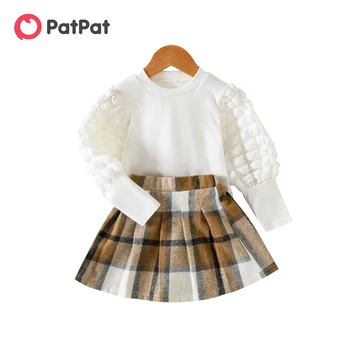 PatPat Комплект от 2 теми за момичета с Текстурированным ръкав Gigot, Бяла Тениска и плиссированная Пола в клетката