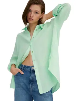 2022 Летни Дамски Модни Извънгабаритни Памучни спално Бельо светло зелени Ризи с Копчета, Женски Реколта Свободни Основни Блузи С Дълъг Ръкав, Блузи